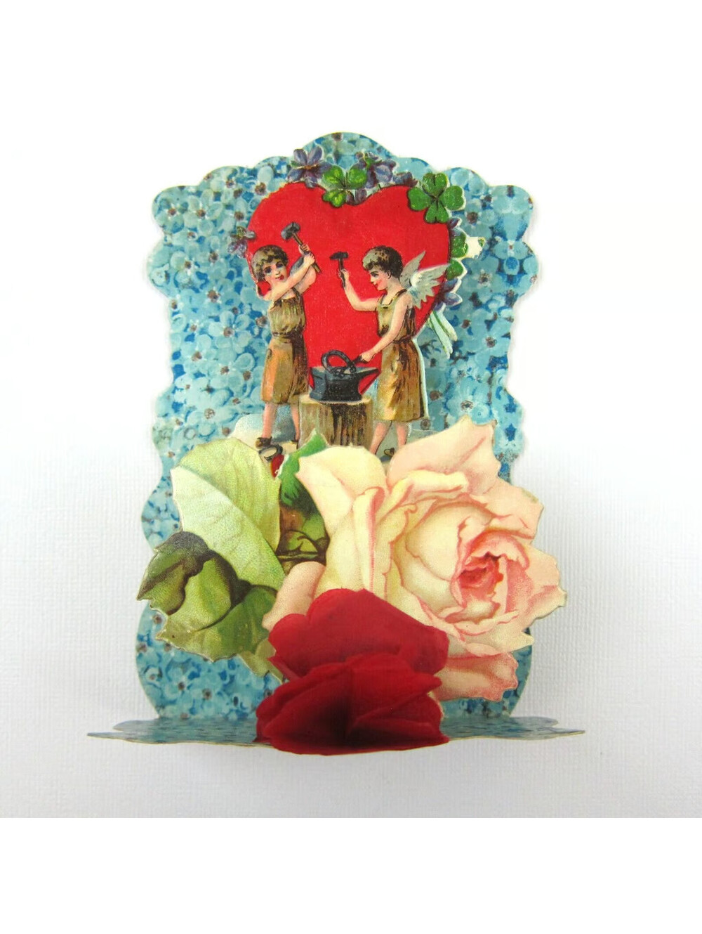 Vintage Valentine Honeycomb 3D Pop Up Angels Blacksmith Horseshoe Rose Flowers